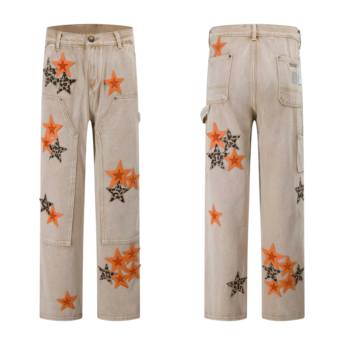 p310 Style number: H886 Crow Heart & 𝐂𝐡𝐫𝐨𝐦𝐞 𝐇𝐞𝐚𝐫𝐭 ss25 new Fontainebleau limited workwear logging pants leopard print orange star patchwork couple style loose jeans. Styles with different washed textures are very friendly to people with thin legs. The slightly flared version perfectly modifies the leg shape. The timeless and moderate length makes it easy to match and match. It is the basis for various styles and is a must-have in your wardrobe! The fabric is stiff but also makes the upper body soft without losing texture. The washing process is even more perfect. It is a must-have item for everyone! ! ! Washed wheat, tag, pants label, three labels complete Color: Khaki Size: 28-30-32-34-36
